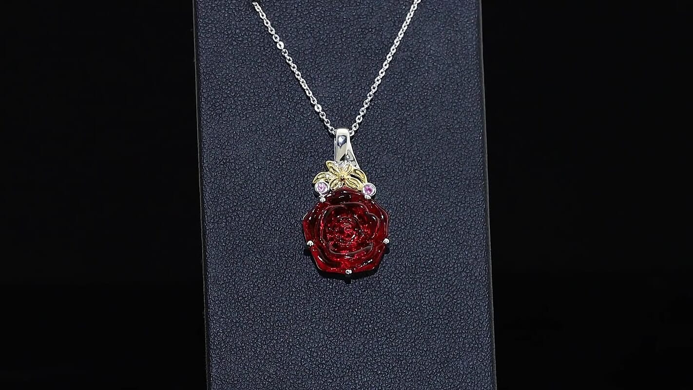 GP Red Murano Style and Madagascar Pink Sapphire 0.10 ctw Pendant Necklace in 18K Vermeil YG and Rhodium Over Sterling Silver 20 Inches