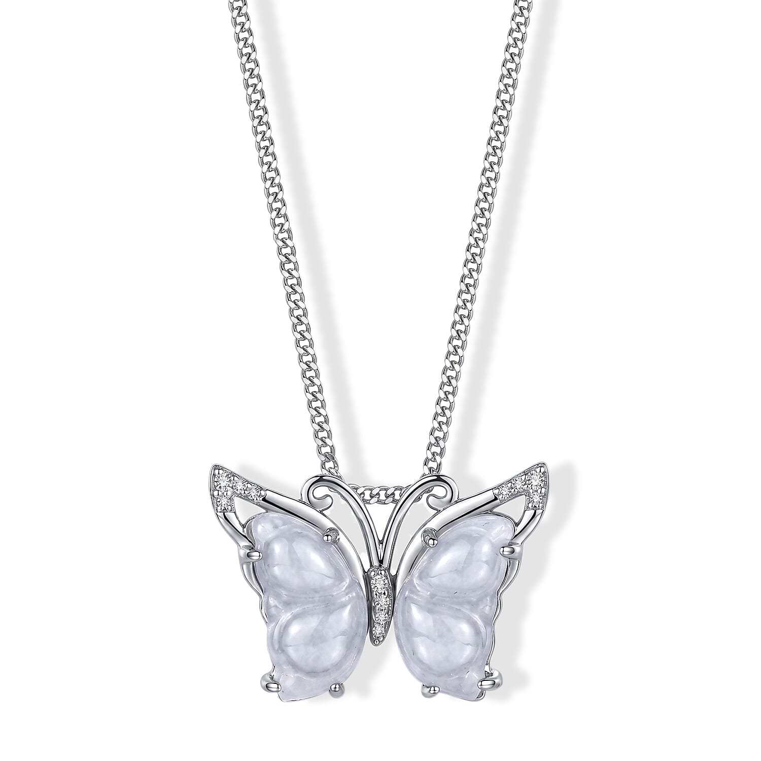 D'Joy Natural Jade and Moissanite 6.40 ctw Butterfly Pendant Necklace in Rhodium Over Sterling Silver (18 Inches)
