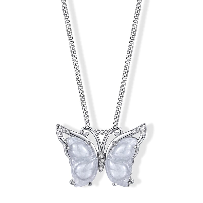 D'Joy Natural Jade and Moissanite 6.40 ctw Butterfly Pendant Necklace in Rhodium Over Sterling Silver (18 Inches)