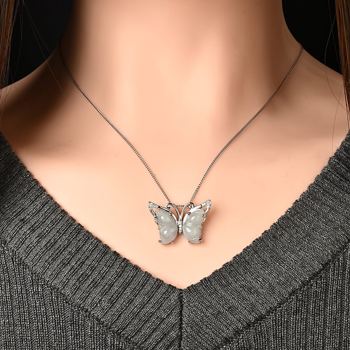 D'Joy Natural Jade, Moissanite Butterfly Pendant Necklace (18 Inches) in Rhodium Over Sterling Silver 6.40 ctw image number 1