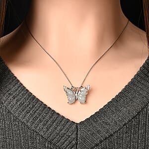 D'Joy Natural Jade, Moissanite Butterfly Pendant Necklace (18 Inches) in Rhodium Over Sterling Silver 6.40 ctw