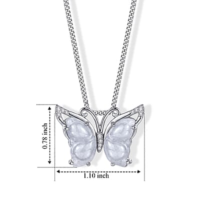 D'Joy Natural Jade and Moissanite 6.40 ctw Butterfly Pendant Necklace in Rhodium Over Sterling Silver (18 Inches)