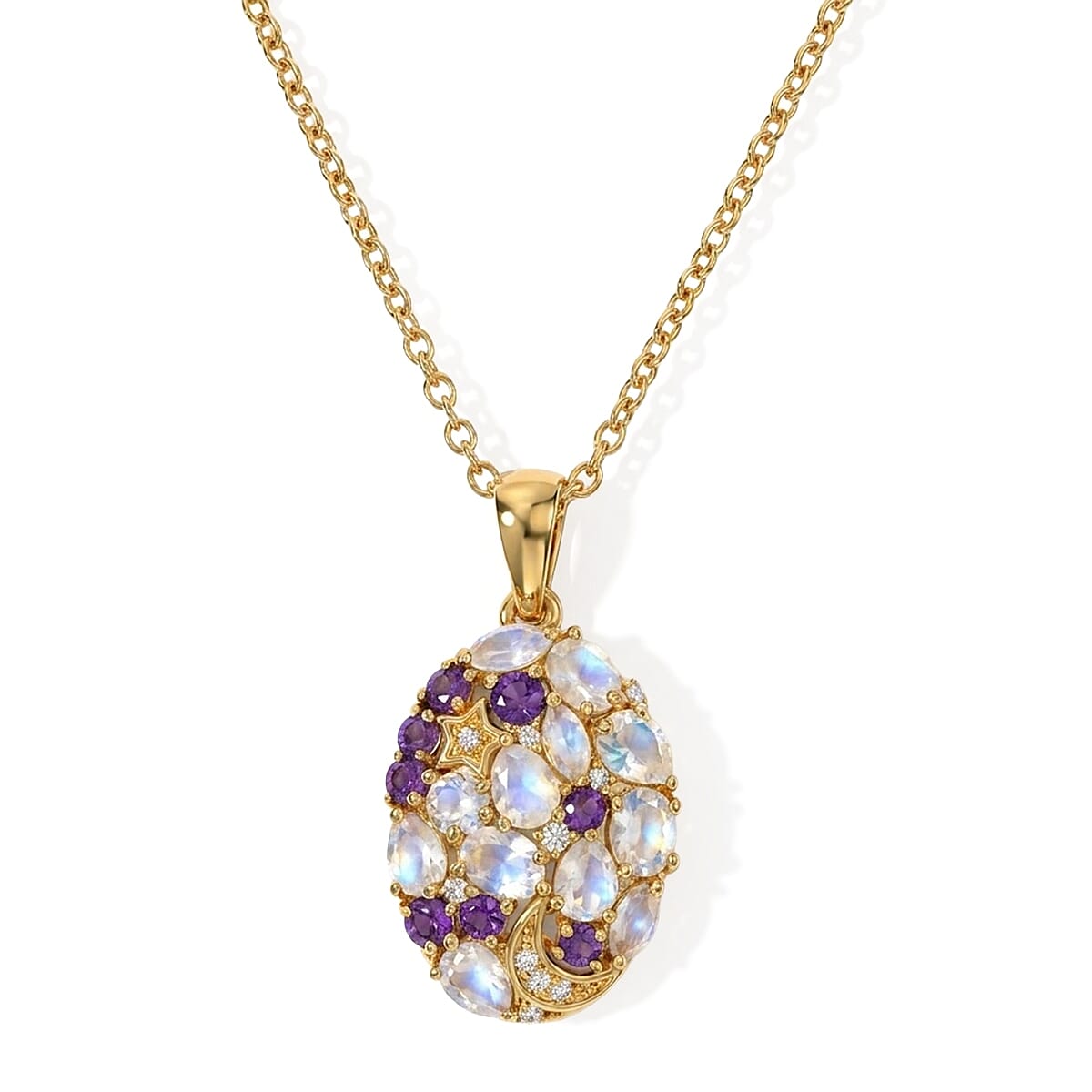 EverTrue Premium Rainbow Moonstone and Multi Gemstone 2.00 ctw Pendant in 18K YG Plated with ION Plated YG Stainless Steel Necklace 20 Inches