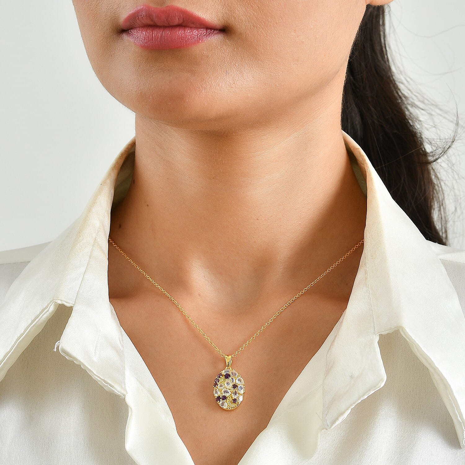 EverTrue Premium Rainbow Moonstone and Multi Gemstone 2.00 ctw Pendant in 18K YG Plated with ION Plated YG Stainless Steel Necklace 20 Inches