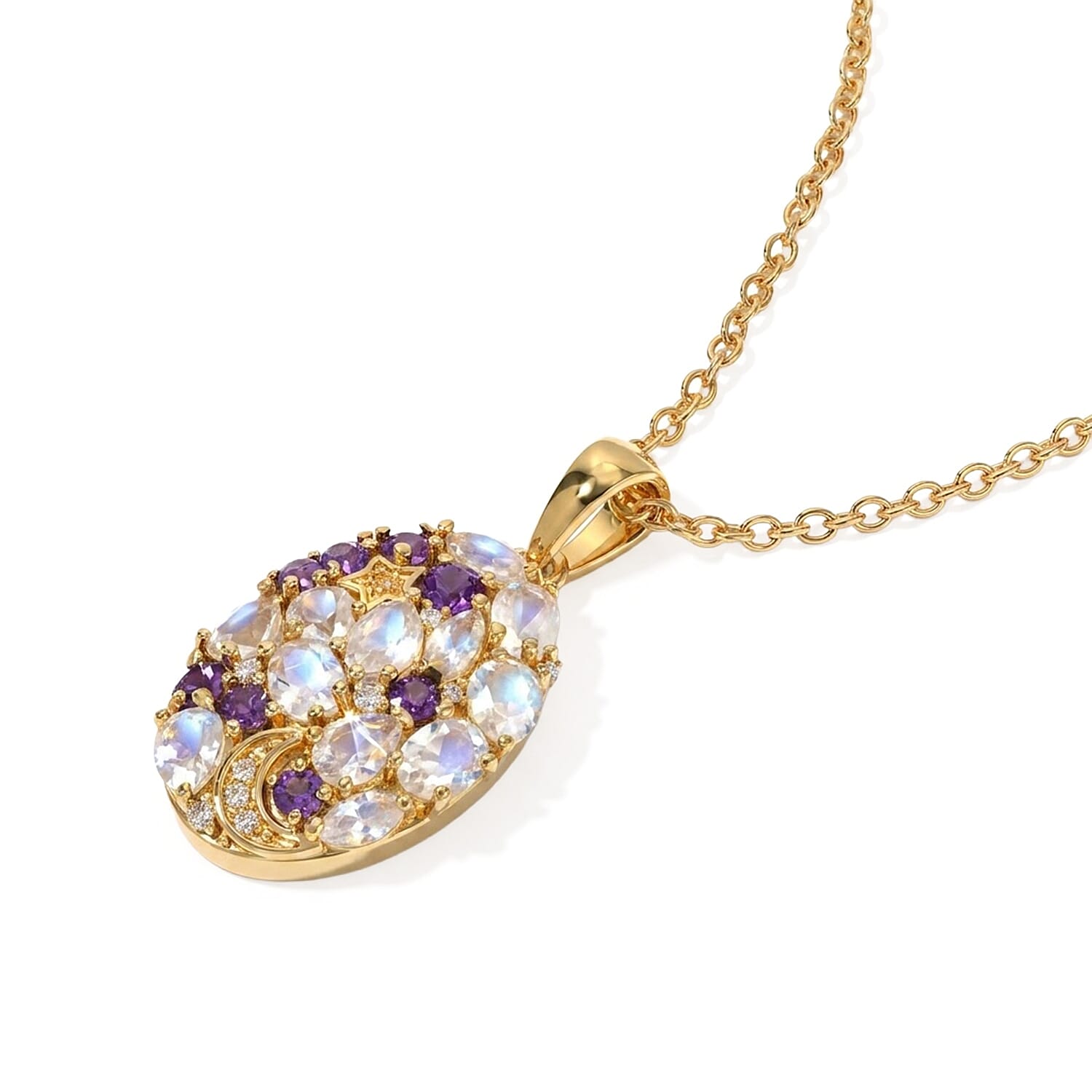 EverTrue Premium Rainbow Moonstone and Multi Gemstone 2.00 ctw Pendant in 18K YG Plated with ION Plated YG Stainless Steel Necklace 20 Inches