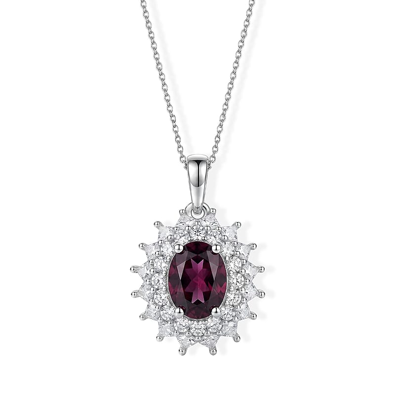 D'Joy AAA Radiant Ember Garnet and Moissanite 2.15 ctw Royal Starburst Pendant Necklace in Rhodium Over Sterling Silver 20 Inches
