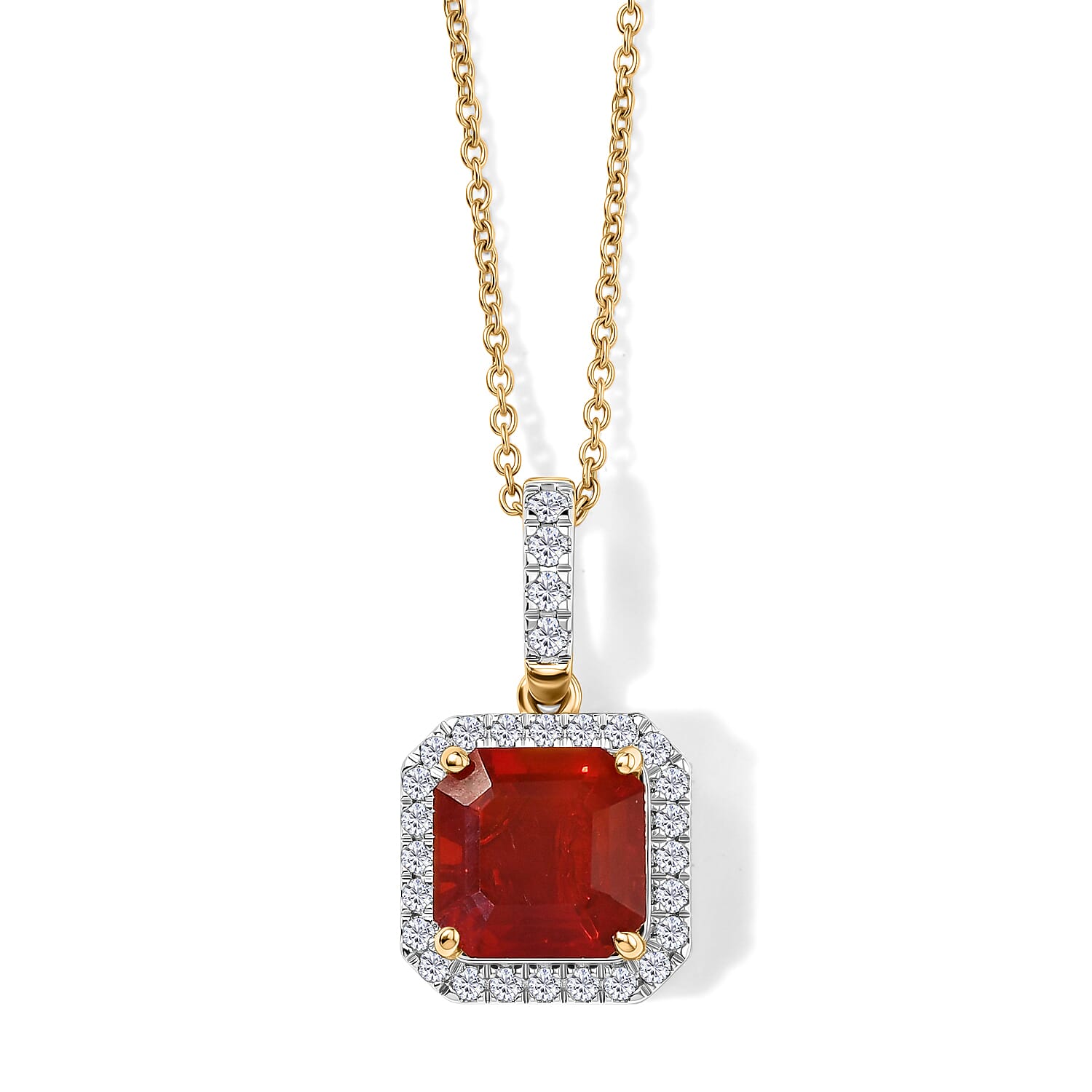 Doorbuster Asscher Cut AAA Crimson Fire Opal and Luxuriant Lab Grown Diamond E-F VS 1.80 ctw Inferno Halo Pendant Necklace in 10K Yellow Gold 20 Inches