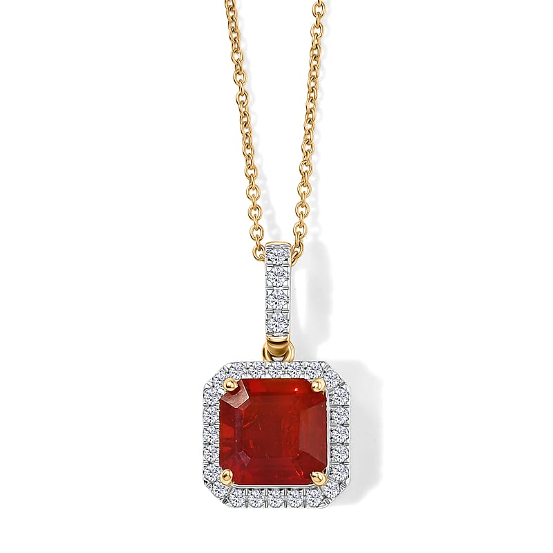 Asscher Cut AAA Crimson Fire Opal and Luxuriant Lab Grown Diamond E-F VS 1.80 ctw Inferno Halo Pendant Necklace in 10K Yellow Gold 20 Inches