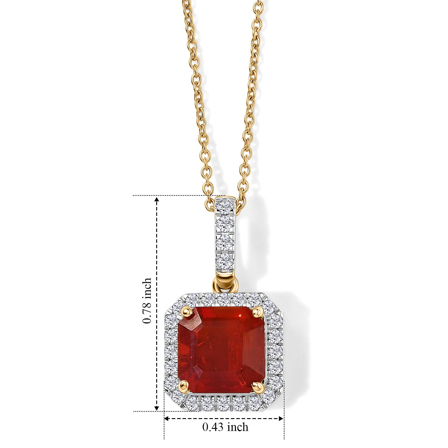 Doorbuster Asscher Cut AAA Crimson Fire Opal and Luxuriant Lab Grown Diamond E-F VS 1.80 ctw Inferno Halo Pendant Necklace in 10K Yellow Gold 20 Inches