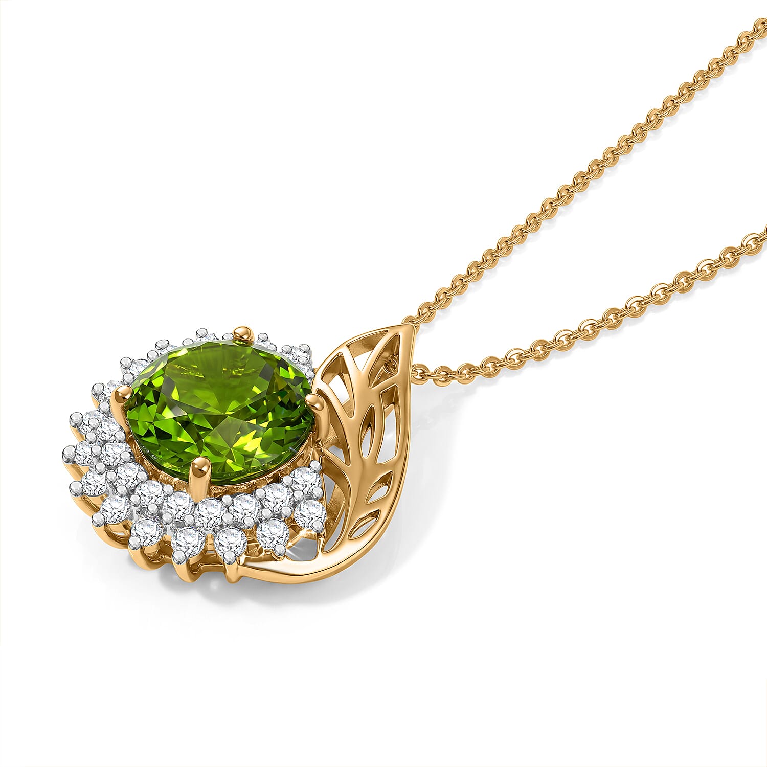 D'Joy Premium Hebei Peridot and Moissanite 3.85 ctw Pendant Necklace (20 Inches) in 18K Vermeil Yellow Gold Over Sterling Silver