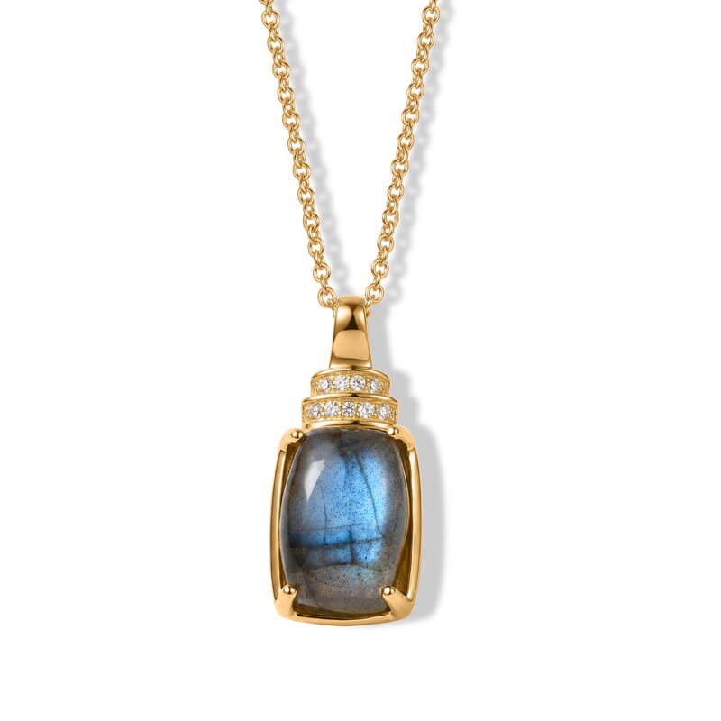 EverTrue AAA Malagasy Labradorite and White Zircon 8.60 ctw Moonfire Majesty Pendant in 18K Yellow Gold Plated with ION Plated YG Stainless Steel Necklace (20 Inches)