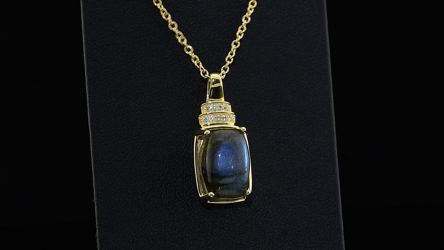 EverTrue AAA Malagasy Labradorite, White Zircon Pendant in 18K YG Plated with ION Plated YG Stainless Steel Necklace (20 Inches) 8.60 ctw