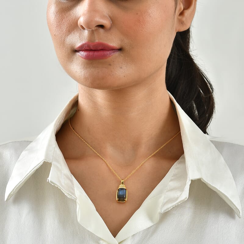 EverTrue AAA Malagasy Labradorite and White Zircon 8.60 ctw Moonfire Majesty Pendant in 18K Yellow Gold Plated with ION Plated YG Stainless Steel Necklace (20 Inches)