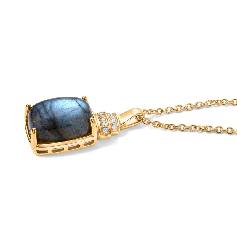 EverTrue AAA Malagasy Labradorite and White Zircon 8.60 ctw Moonfire Majesty Pendant in 18K Yellow Gold Plated with ION Plated YG Stainless Steel Necklace (20 Inches)