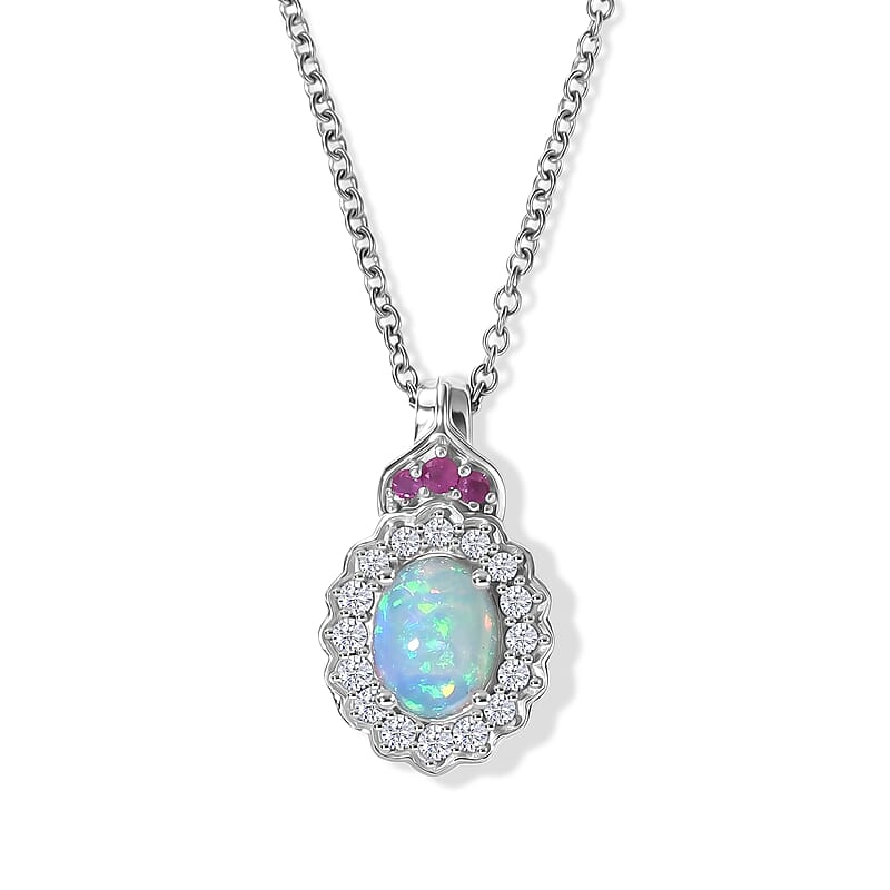 D'Joy Premium Ethiopian Welo Opal and Multi Gemstone 1.80 ctw Opaline Blossom Pendant Necklace in Rhodium Over Sterling Silver 20 Inches