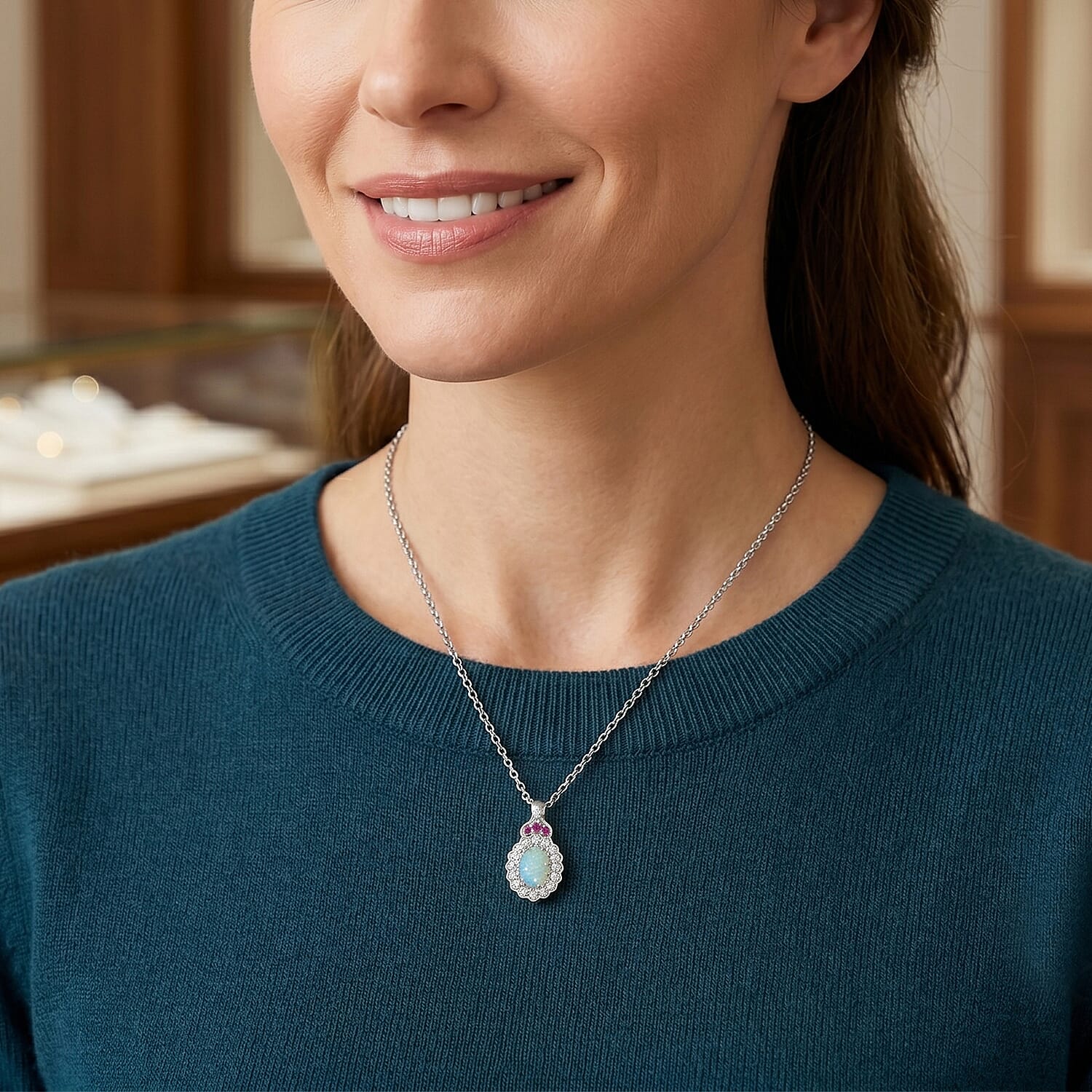 D'Joy Premium Ethiopian Welo Opal and Multi Gemstone 1.80 ctw Pendant Necklace in Rhodium Over Sterling Silver 20 Inches