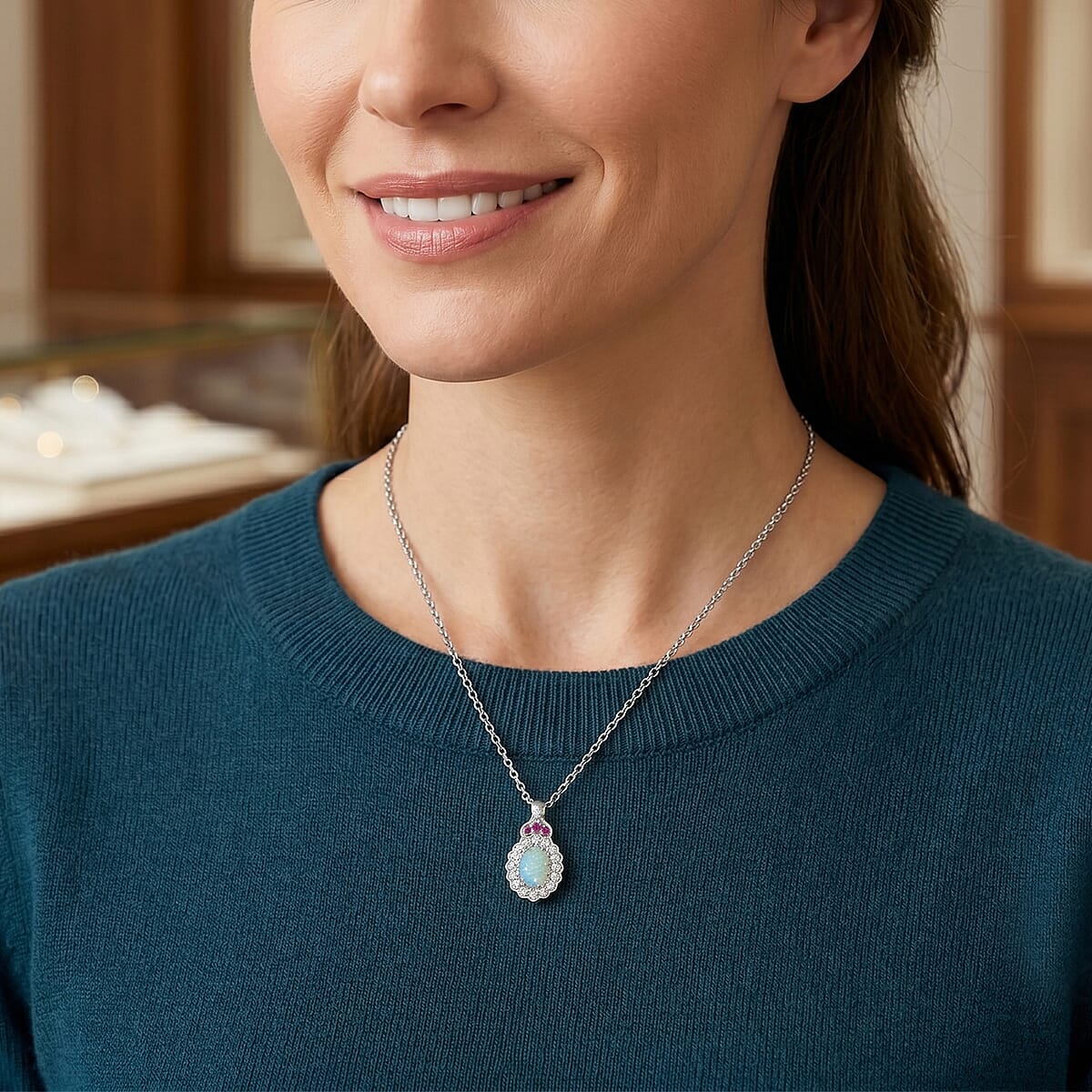 D'Joy Premium Ethiopian Welo Opal and Multi Gemstone 1.80 ctw Pendant Necklace in Rhodium Over Sterling Silver 20 Inches  image number 1