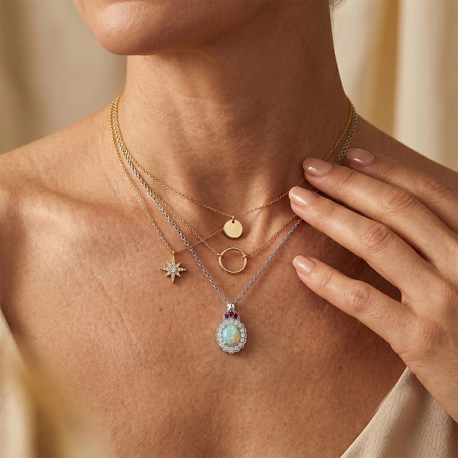 D'Joy Premium Ethiopian Welo Opal and Multi Gemstone 1.80 ctw Pendant Necklace in Rhodium Over Sterling Silver 20 Inches