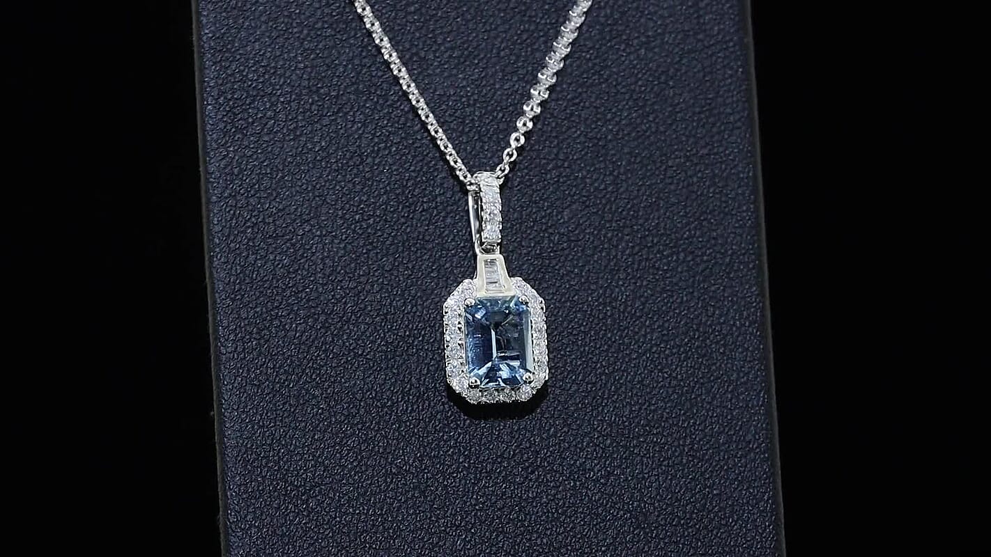 Certified & Appraised Luxuro 10K White Gold AAA Santamaria Aquamarine, Diamond (I2) Pendant Necklace (20 Inches) 1.65 ctw