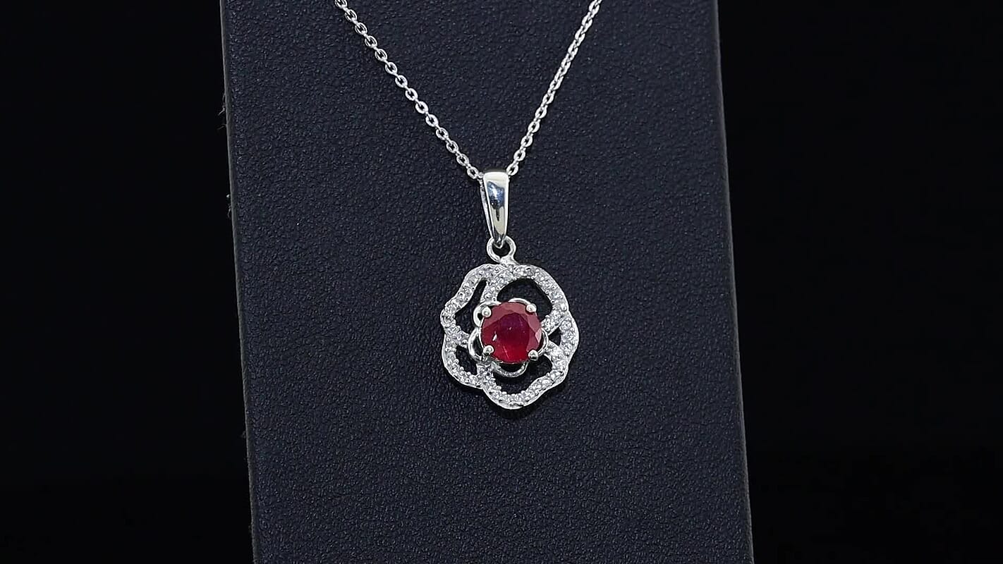 D''Joy AAA African Ruby (FF), White Zircon Pendant Necklace (20 Inches) in Rhodium Over Sterling Silver 1.70 ctw