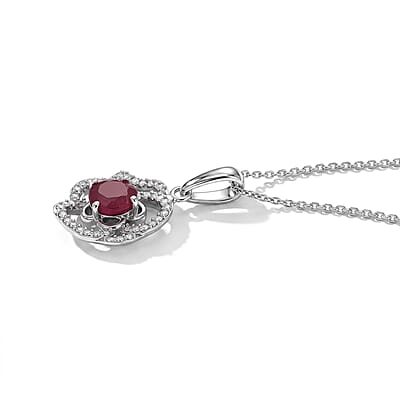 D'Joy AAA African Ruby (FF) and White Zircon 1.70 ctw Pendant Necklace in Rhodium Over Sterling Silver 20 Inches