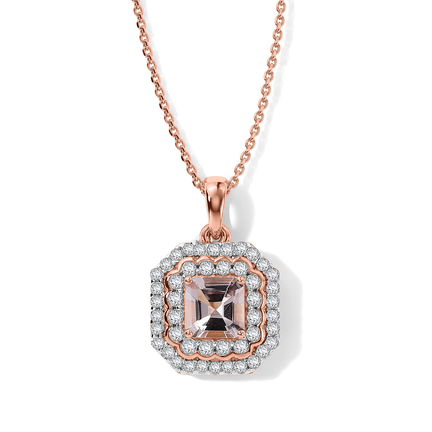 Certified and Appraised D'Joy Premium Pink Morganite and Moissanite 1.30 ctw Pendant Necklace in 18K Vermeil Rose Gold Over Sterling Silver 18 Inches