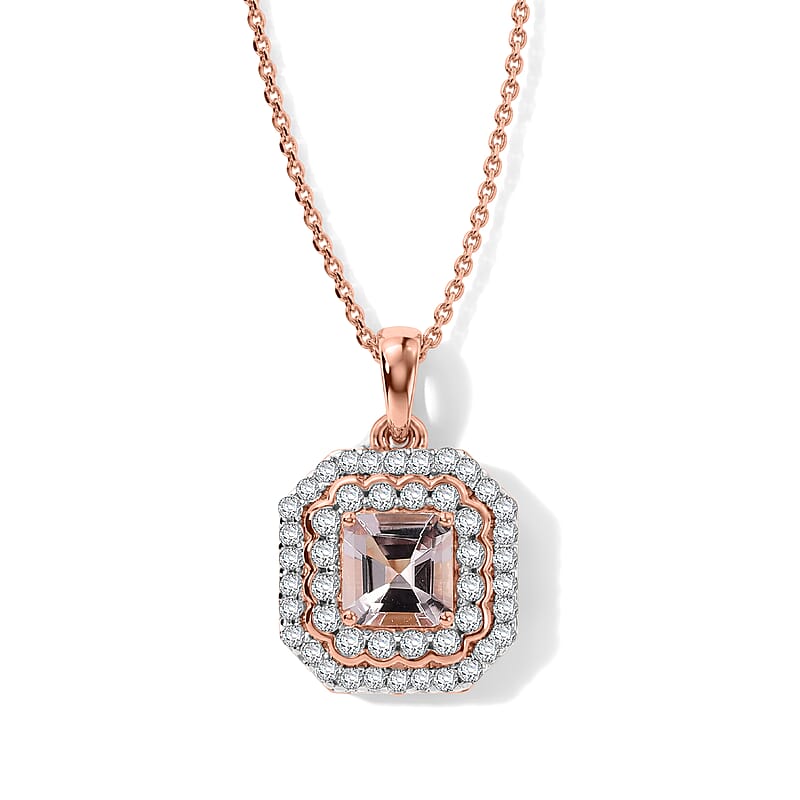Certified and Appraised D'Joy Premium Pink Morganite and Moissanite 1.30 ctw Pendant Necklace in 18K Vermeil Rose Gold Over Sterling Silver 18 Inches