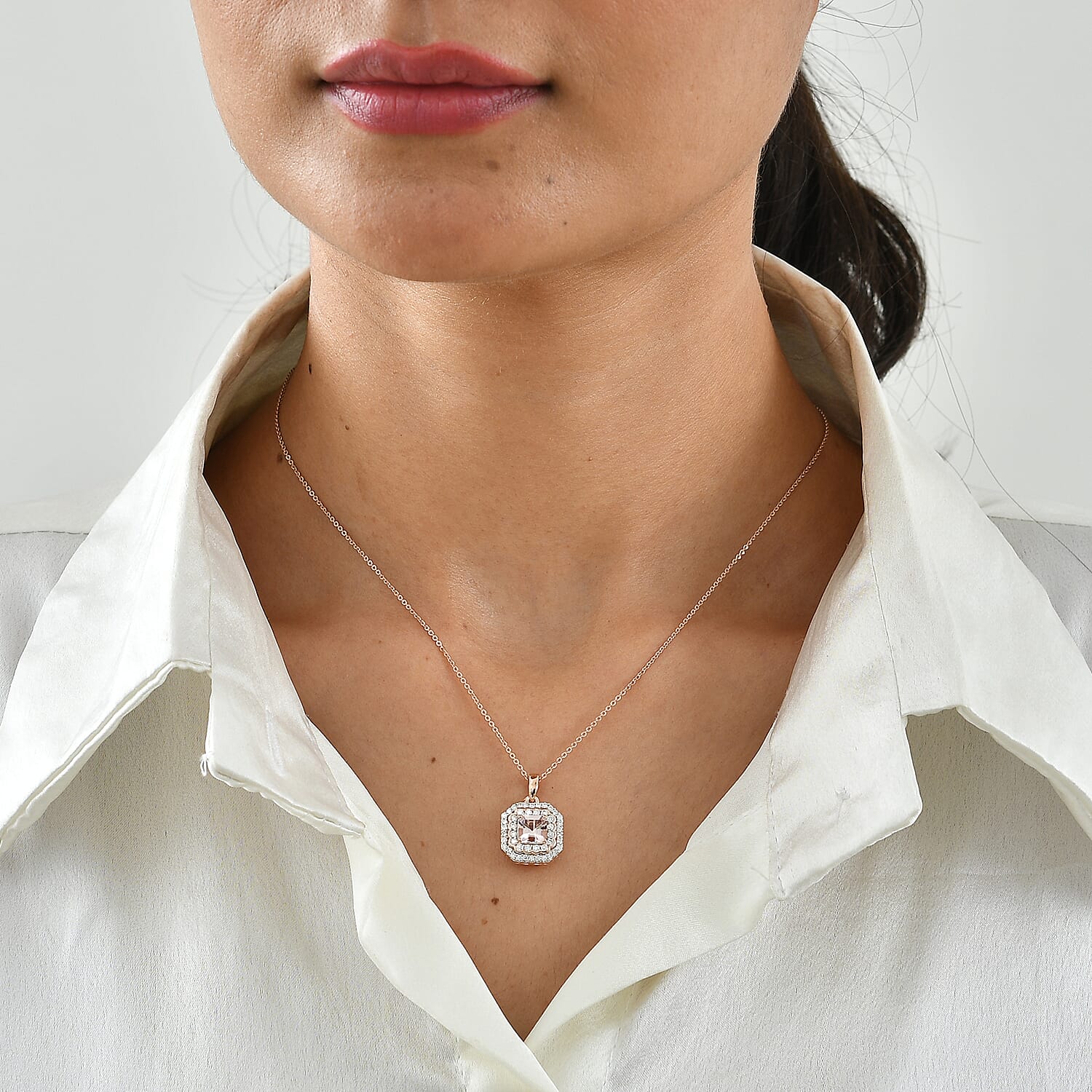 Certified and Appraised D'Joy Premium Pink Morganite and Moissanite 1.30 ctw Pendant Necklace in 18K Vermeil Rose Gold Over Sterling Silver 18 Inches
