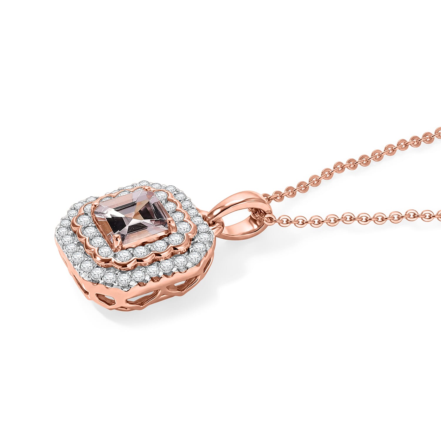 Certified and Appraised D'Joy Premium Pink Morganite and Moissanite 1.30 ctw Pendant Necklace in 18K Vermeil Rose Gold Over Sterling Silver 18 Inches