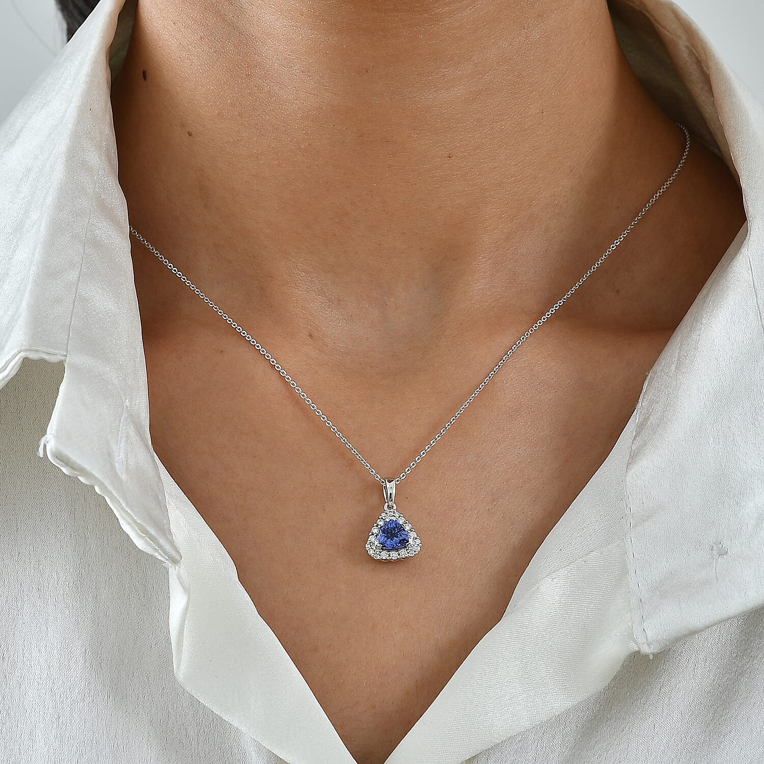 D'Joy Premium Tanzanite and Moissanite 1.30 ctw Pendant Necklace in Rhodium Over Sterling Silver 18 Inches
