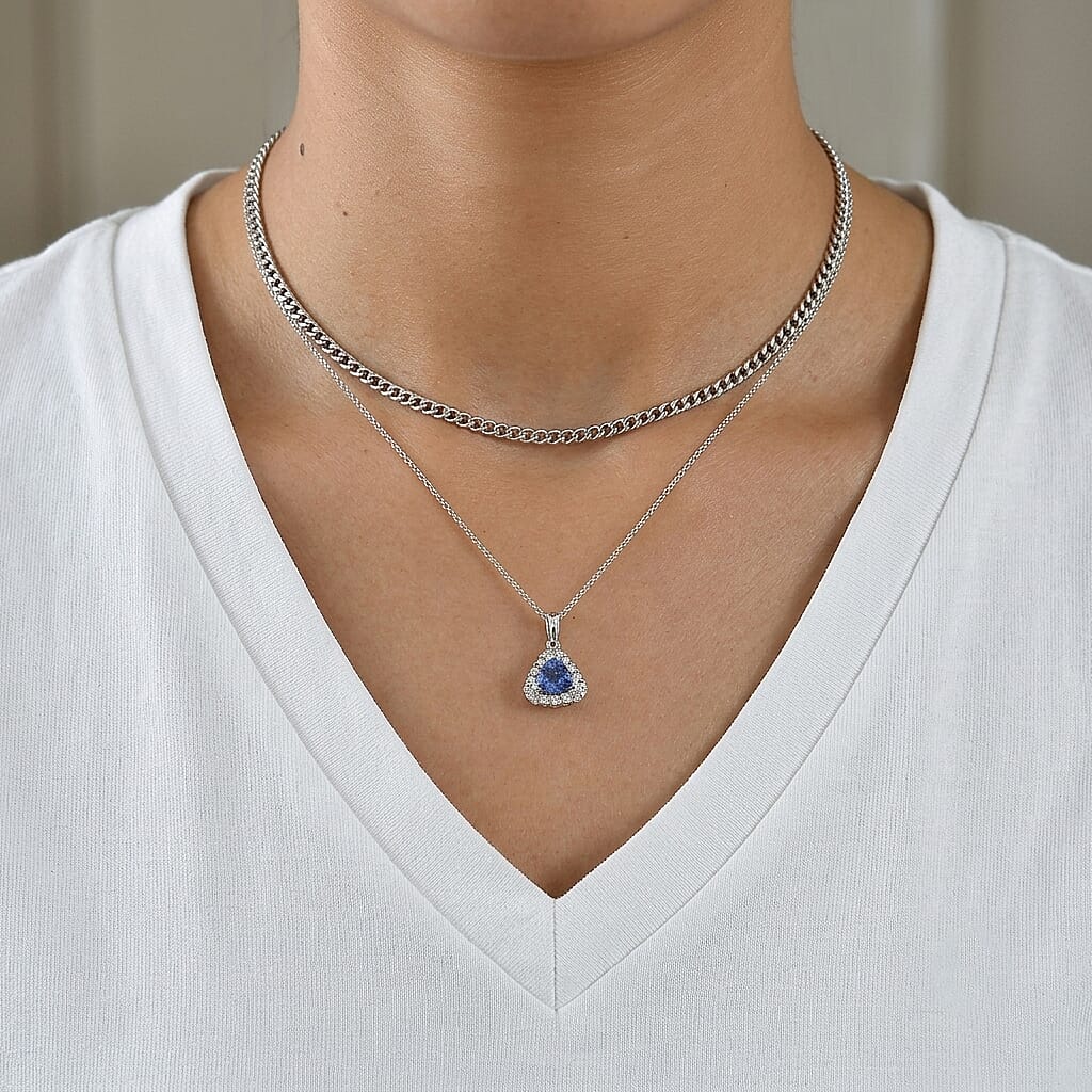 D'Joy Premium Tanzanite and Moissanite 1.30 ctw Pendant Necklace in Rhodium Over Sterling Silver 18 Inches