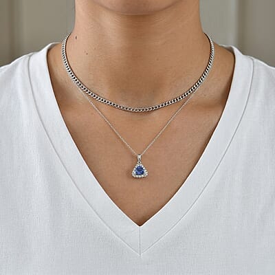 D'Joy Premium Tanzanite and Moissanite 1.30 ctw Pendant Necklace in Rhodium Over Sterling Silver 18 Inches
