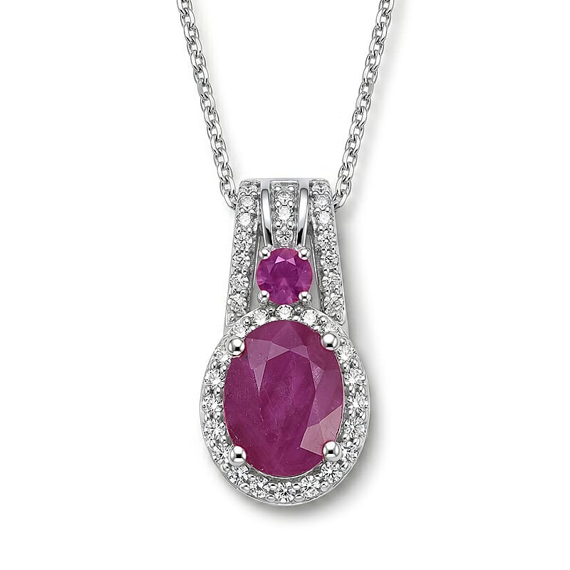 D'Joy Premium Mozambique Ruby and White Zircon 2.30 ctw Royal Heirloom Pendant Necklace in Rhodium Over Sterling Silver (20 Inches)
