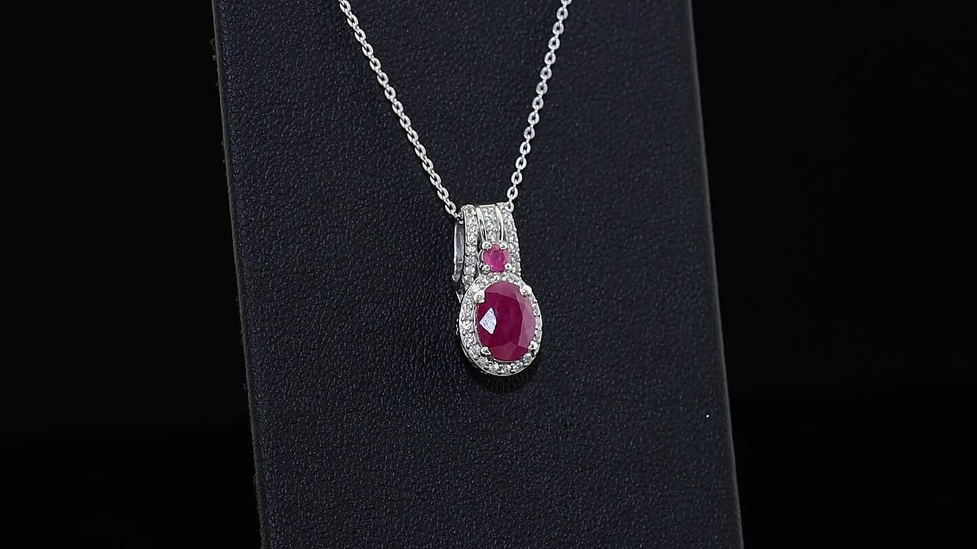 D'Joy Premium Mozambique Ruby, White Zircon Royal Heirloom Pendant Necklace (20 Inches) in Rhodium Over Sterling Silver 2.30 ctw