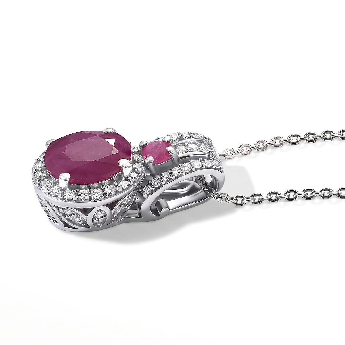 D'Joy Premium Mozambique Ruby and White Zircon 2.30 ctw Royal Heirloom Pendant Necklace in Rhodium Over Sterling Silver (20 Inches)