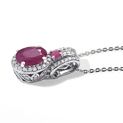 D'Joy Premium Mozambique Ruby and White Zircon 2.30 ctw Royal Heirloom Pendant Necklace in Rhodium Over Sterling Silver (20 Inches)