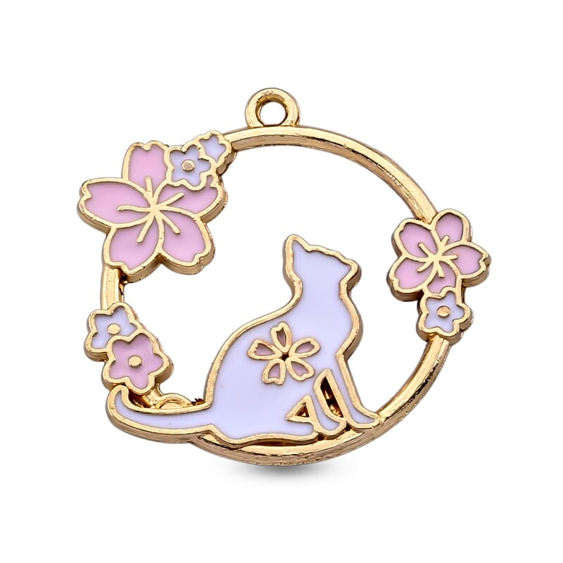 GCS Cute cat and Sakura Pendant in Goldtone