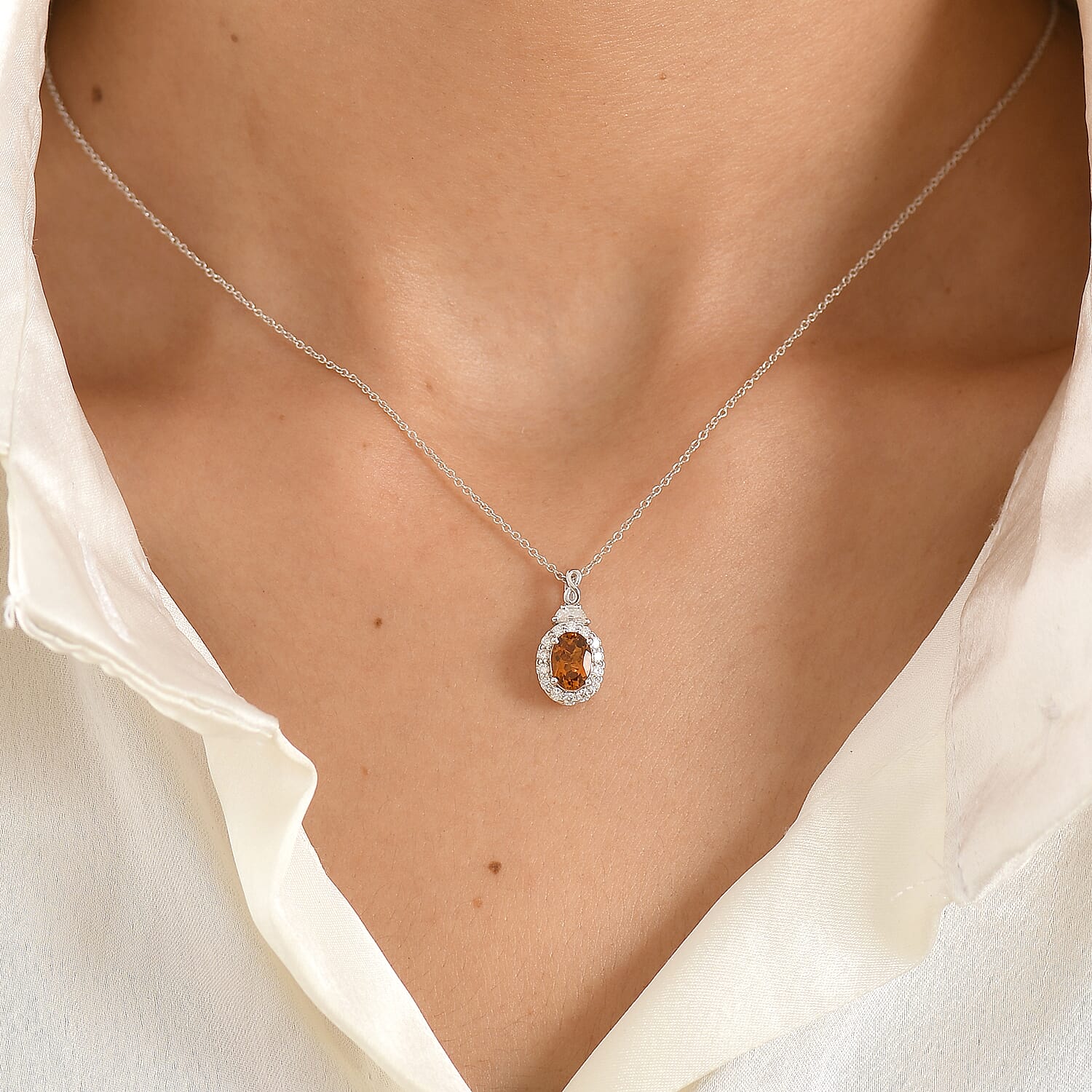 D'Joy Premium Sunset Tourmaline and Moissanite 1.00 ctw Pendant Necklace in Rhodium Over Sterling Silver 18 Inches