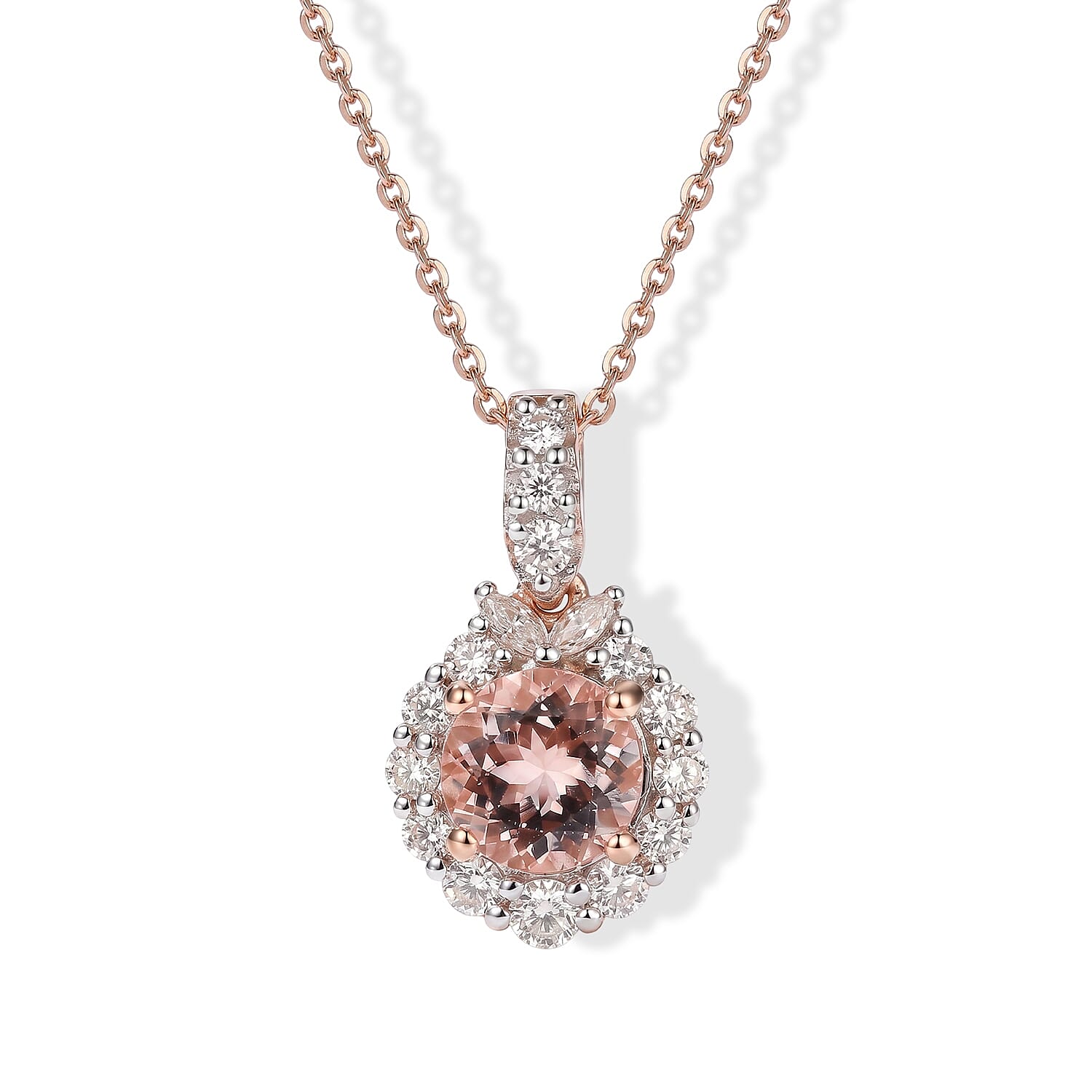 Certified and Appraised D'Joy Premium Pink Morganite and Moissanite 1.77 ctw Pendant Necklace in 18K Vermeil Rose Gold Over Sterling Silver (18 Inches)