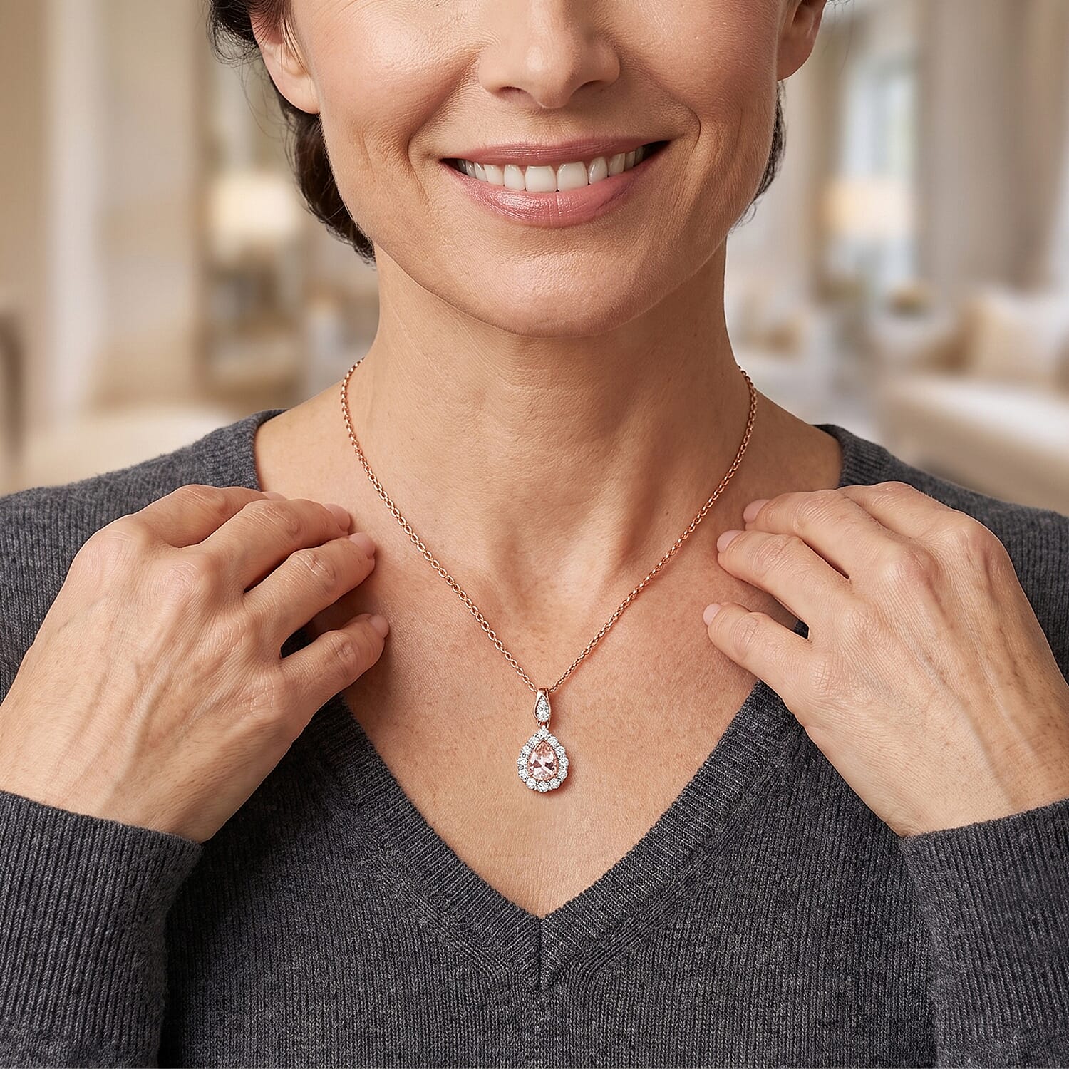 Certified and Appraised D'Joy Premium Pink Morganite and Moissanite 0.95 ctw Pendant Necklace in 18K Vermeil Rose Gold Over Sterling Silver (18 Inches)