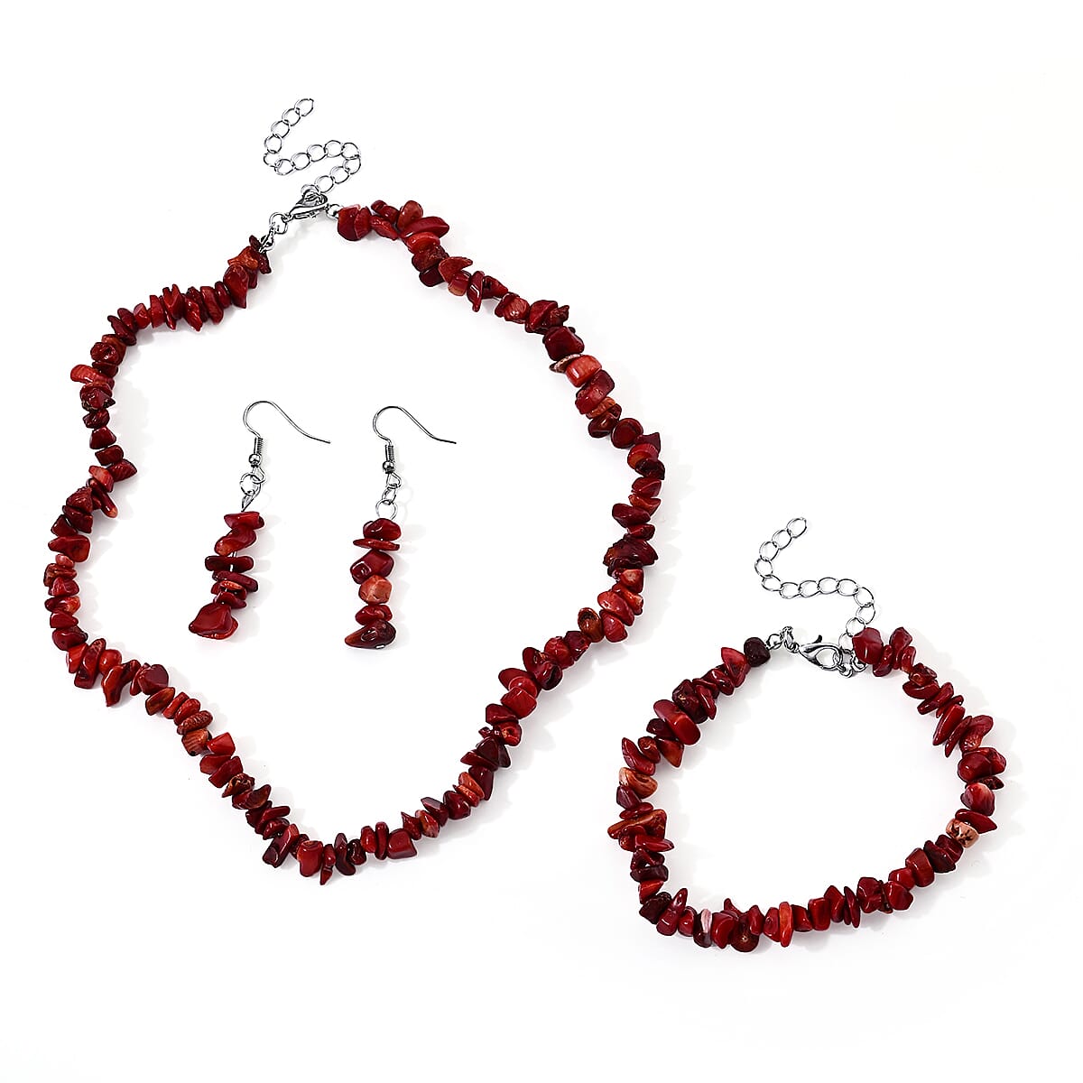 Red Jasper 239.00 ctw Earrings, Bracelet (Adjustable) and Necklace (Adjustable) in Silvertone