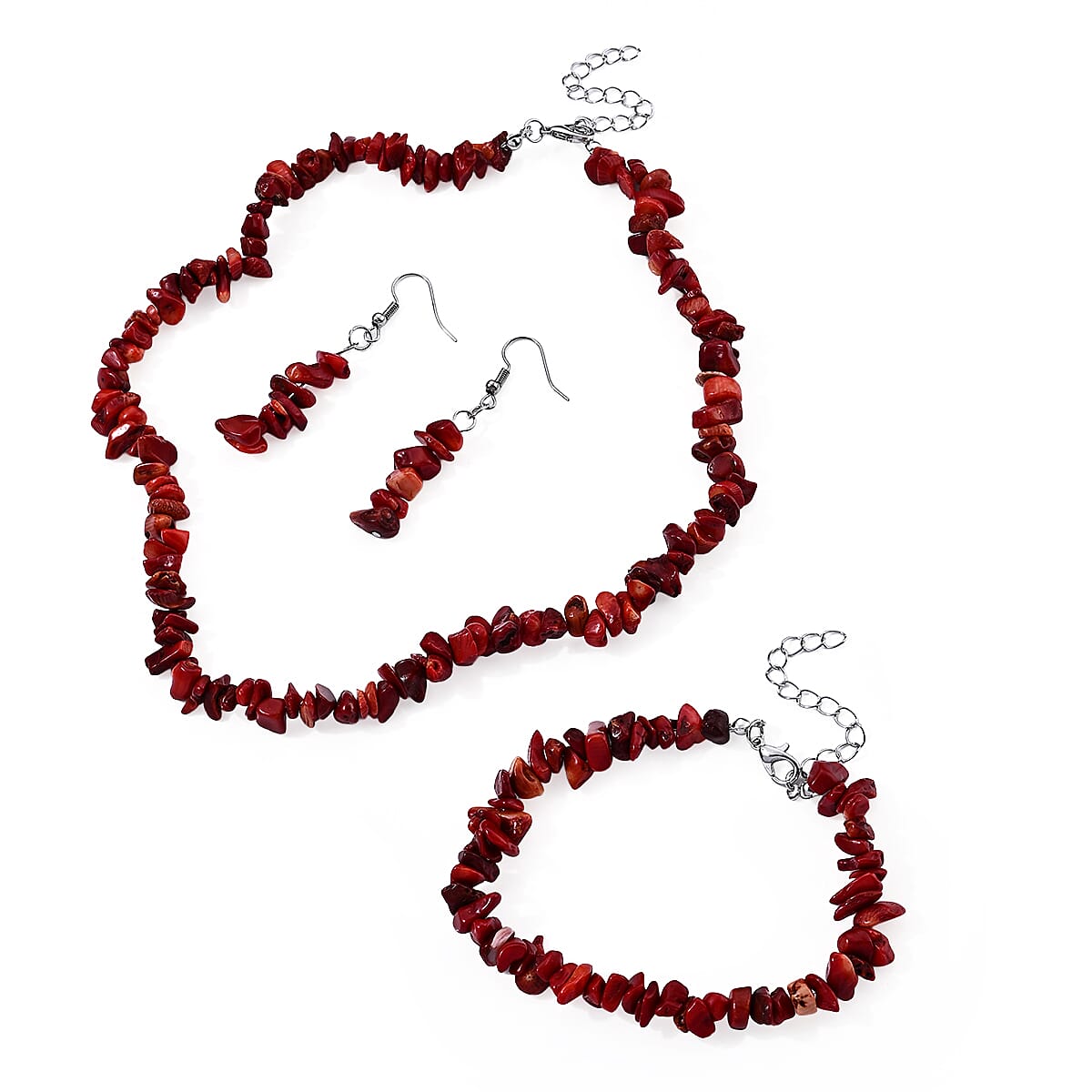 Red Jasper 239.00 ctw Earrings, Bracelet (Adjustable) and Necklace (Adjustable) in Silvertone