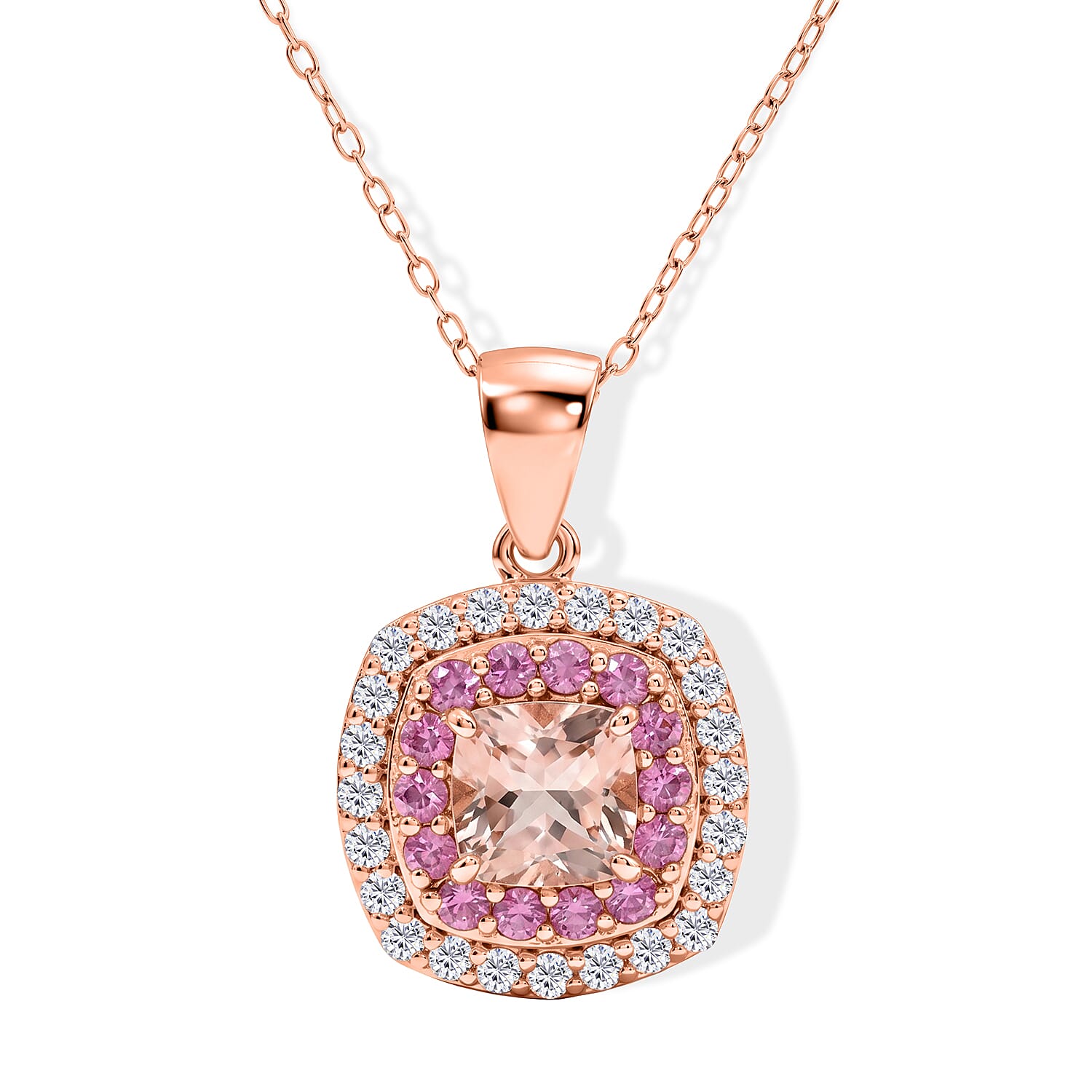 D'Joy Premium Pink Morganite and Moissanite 1.65 ctw Rose Mist Royale Pendant Necklace (18 Inches) in 18K Vermeil RG Over Sterling Silver
