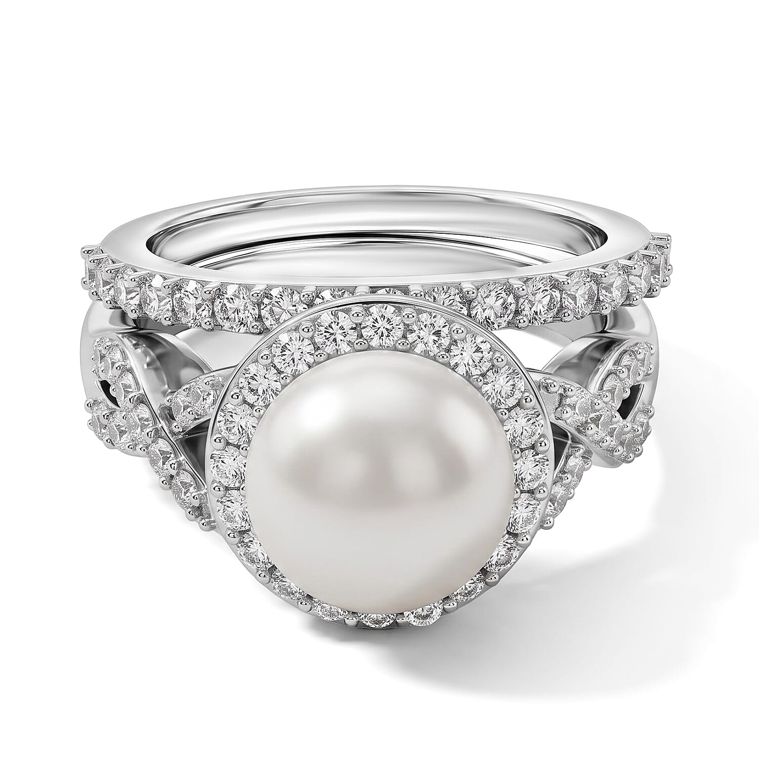 EverTrue Freshwater Pearl and White Zircon 1.35 ctw Set of 2 Stackable Ring in Platinum Bond (Size 5.0)