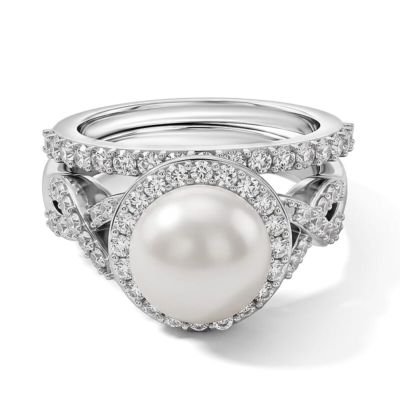 EverTrue Freshwater Pearl and White Zircon 1.35 ctw Set of 2 Stackable Ring in Platinum Bond (Size 5.0)