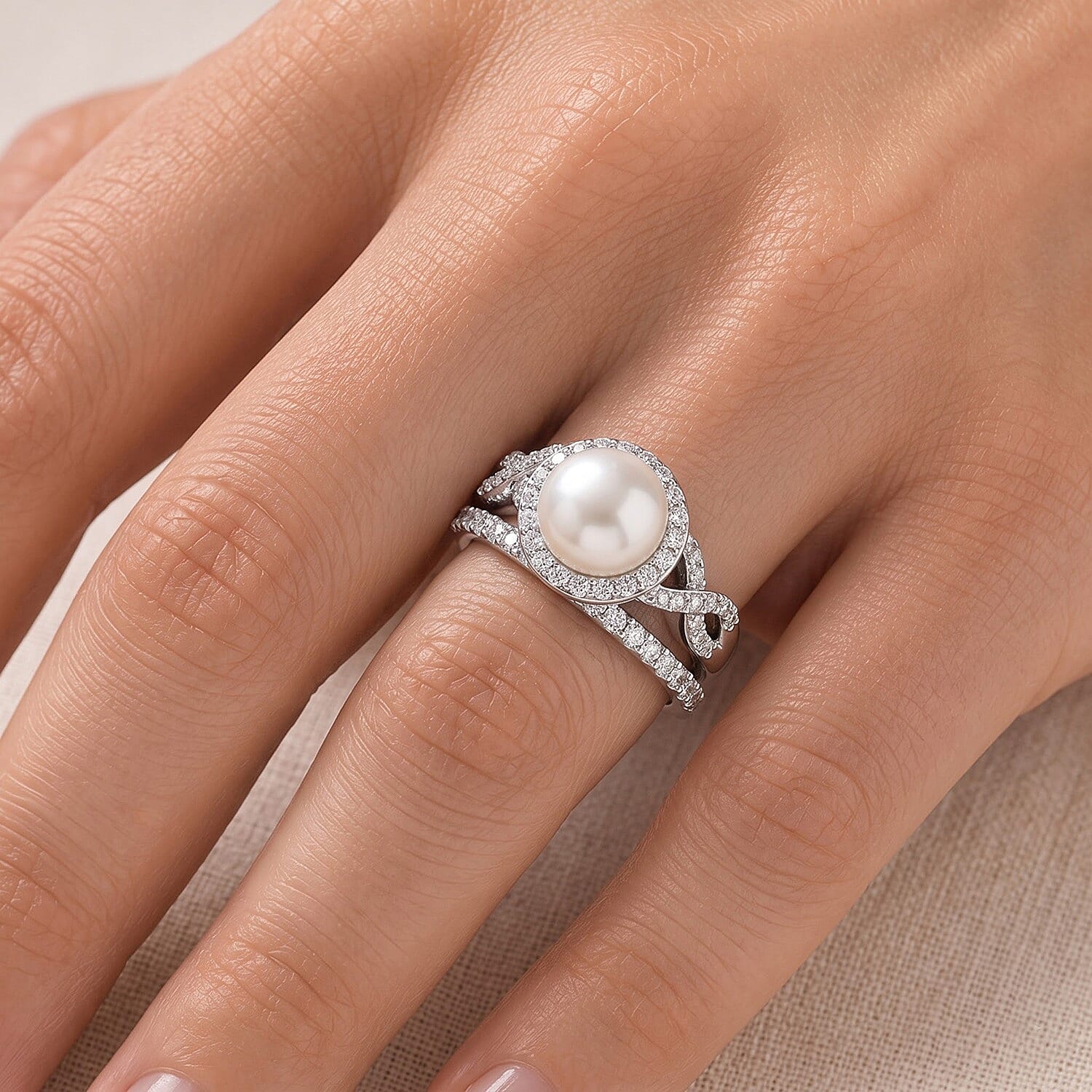 EverTrue Freshwater Pearl and White Zircon 1.35 ctw Set of 2 Stackable Ring in Platinum Bond (Size 5.0)