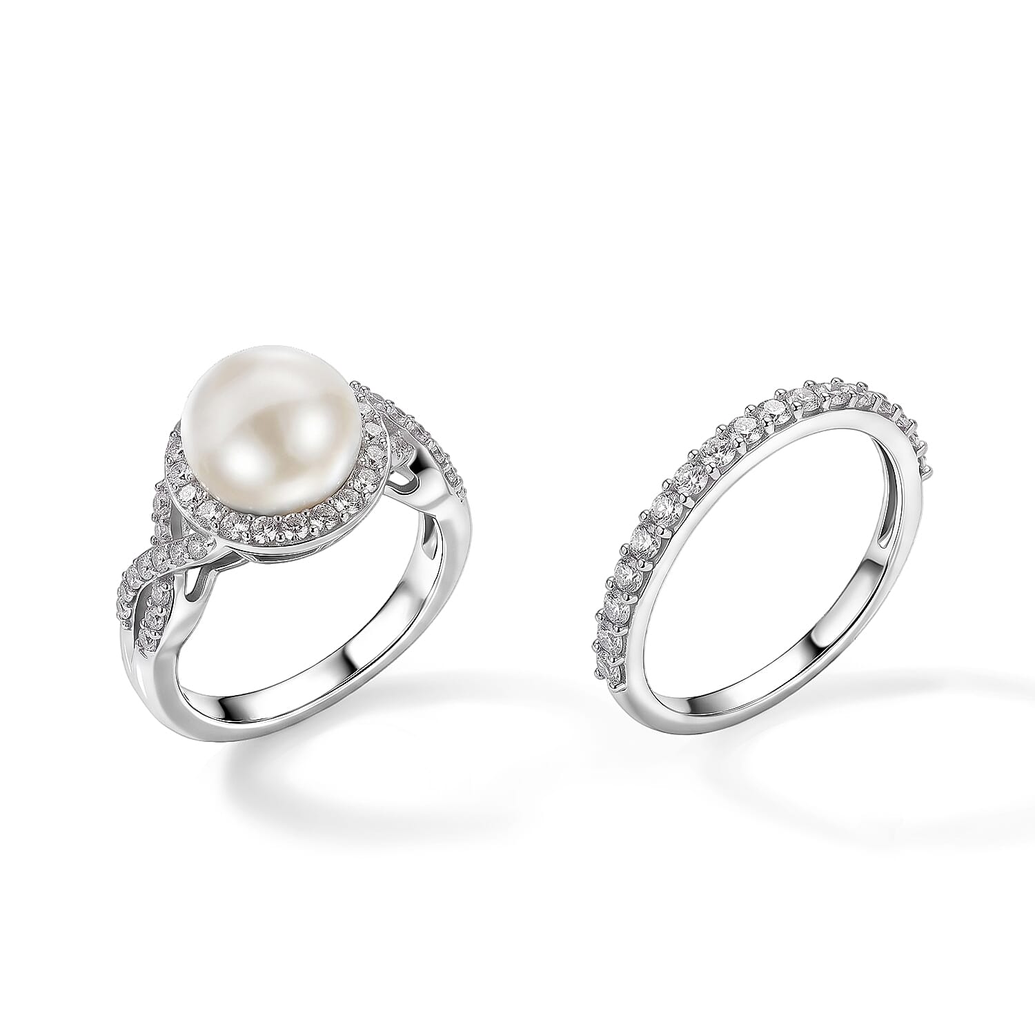 EverTrue Freshwater Pearl and White Zircon 1.35 ctw Set of 2 Stackable Ring in Platinum Bond (Size 5.0)