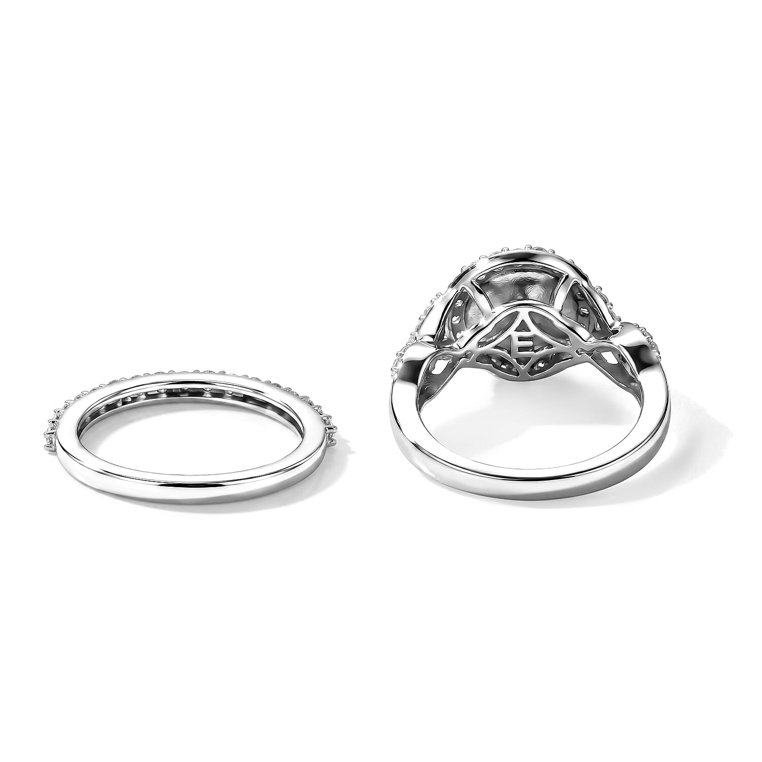 EverTrue Freshwater Pearl and White Zircon 1.35 ctw Set of 2 Stackable Ring in Platinum Bond (Size 5.0)