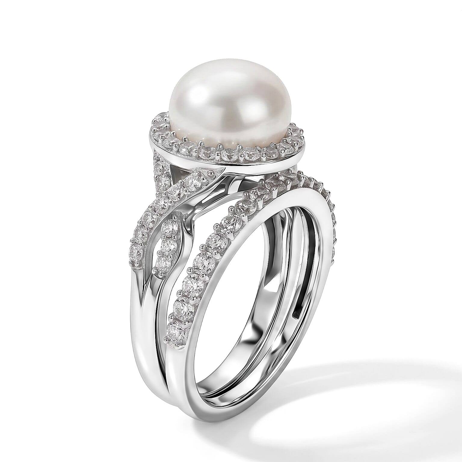 EverTrue Freshwater Pearl and White Zircon 1.35 ctw Set of 2 Stackable Ring in Platinum Bond (Size 5.0)