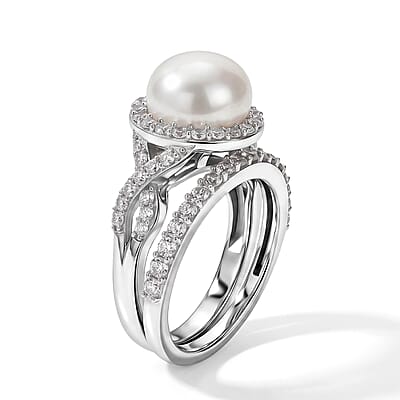 EverTrue Freshwater Pearl and White Zircon 1.35 ctw Set of 2 Stackable Ring in Platinum Bond (Size 5.0)